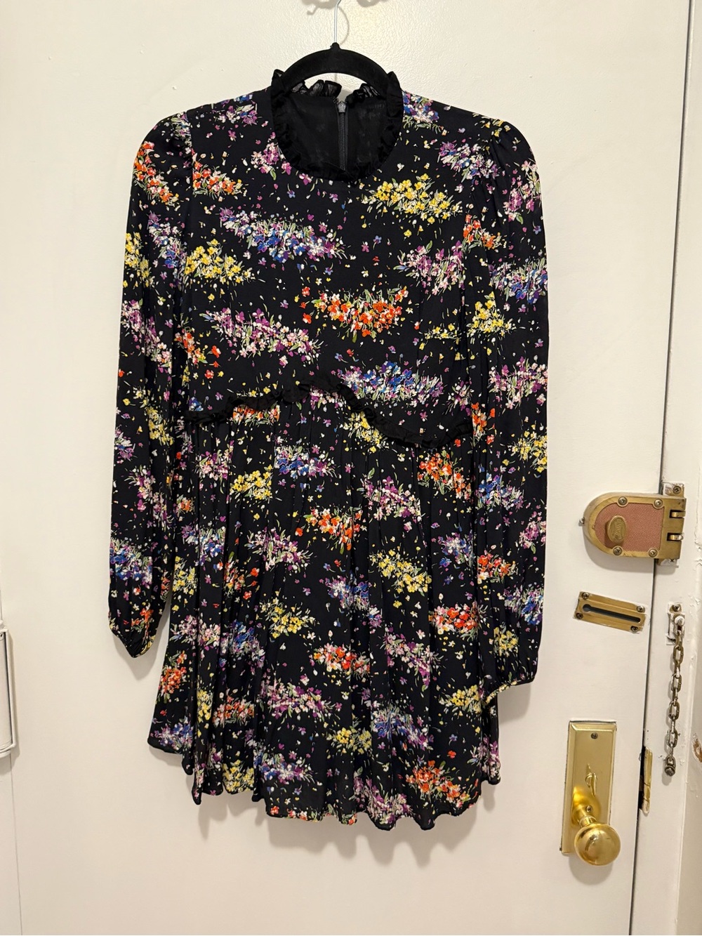 Saks Fifth Avenue Black Floral Long-Sleeve Mini Dress